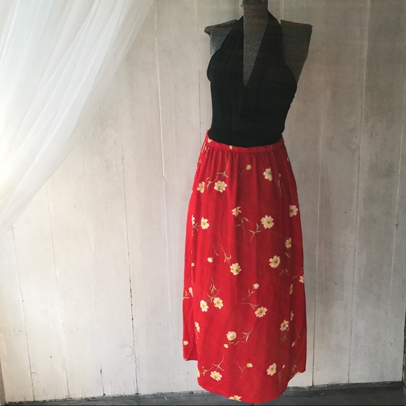 Vintage Dresses & Skirts - 80's / 90's White Daisy Midi Red Boho Skirt